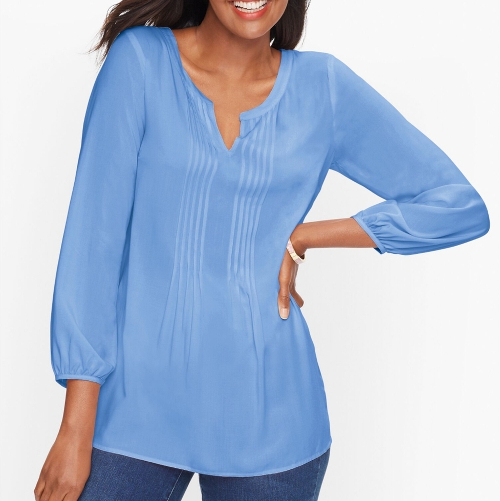 Talbots Cornflower Blue Split Neck Pintuck Blouse - image 5